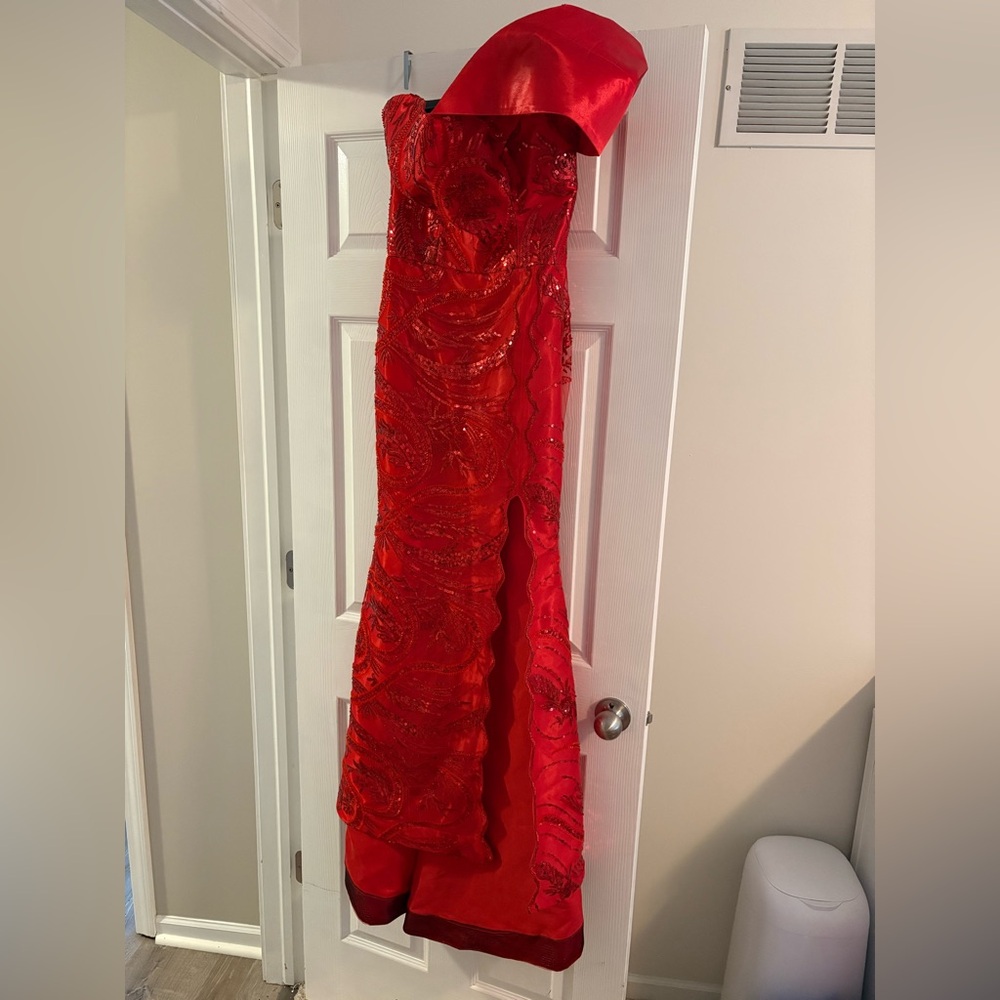 Red Sequin Lace Formal Gown with Side Slit